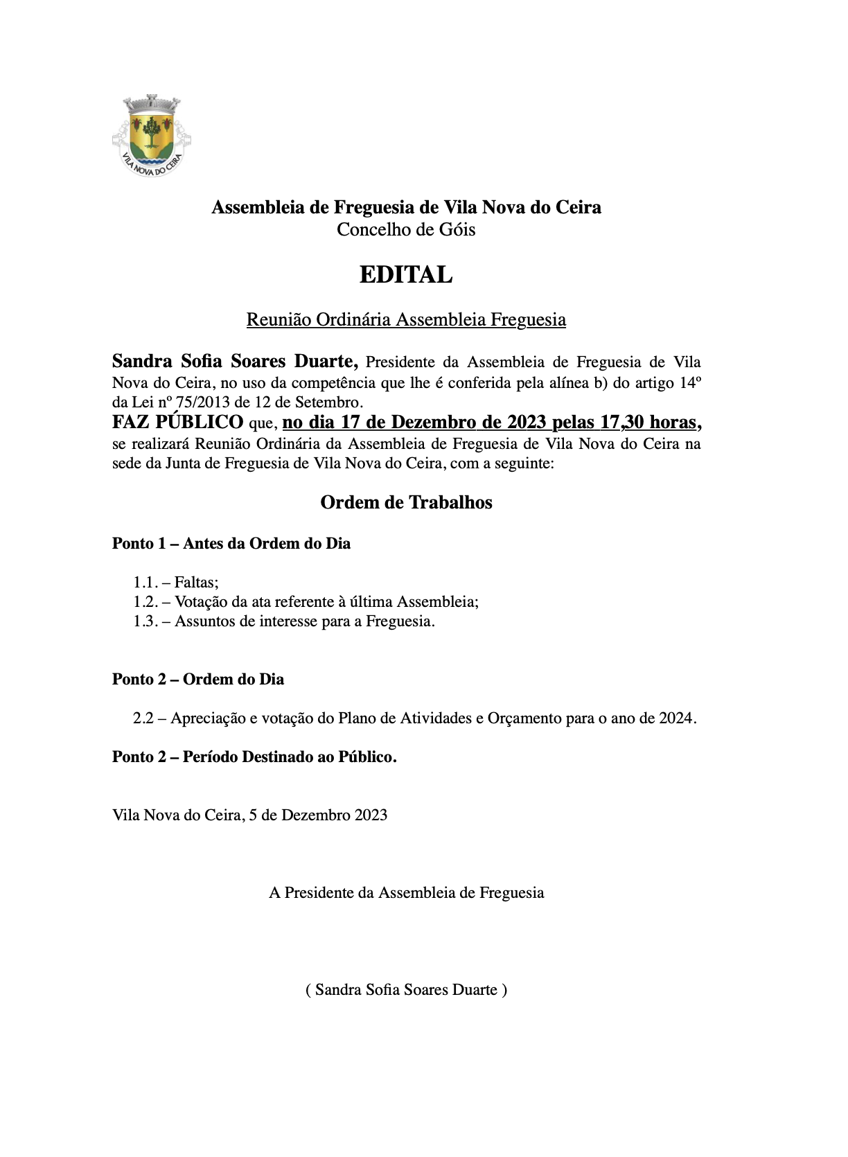 Notícia Edital - Assembleia de Freguesia - Reunião Ordinária de 17 de dezembro 2023